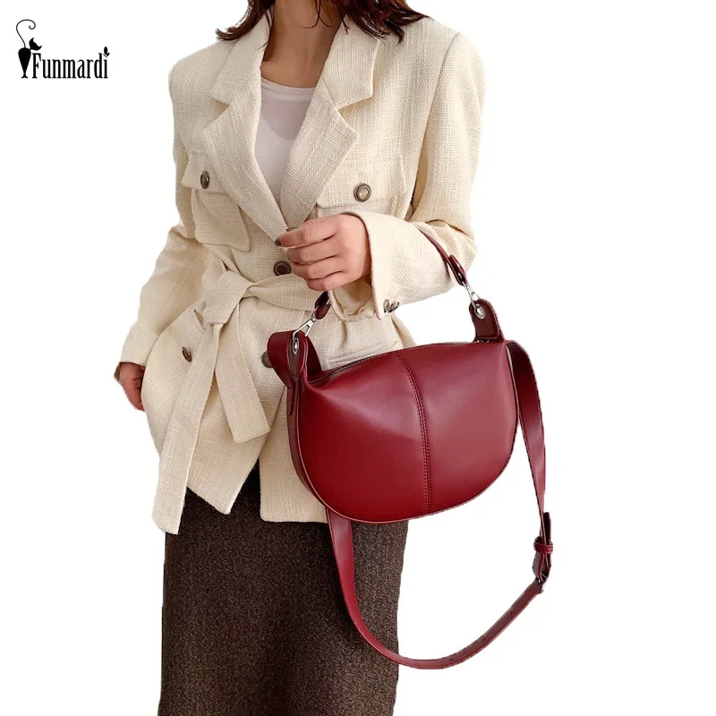 

FUNMARDI Solid Color Saddle Bags For Women Handbags Small Lady Shoulder Messenger Bags Patchwork PU Leather Female Bag WLHB2119