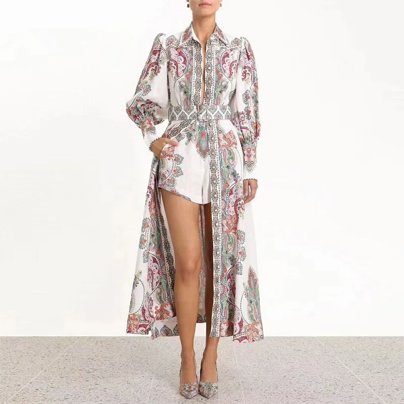 

2019 Summer Zim Vintage Print Long Lantern Sleeve Side Split Maxi Dresses Women Trench with Belt Female Fashion