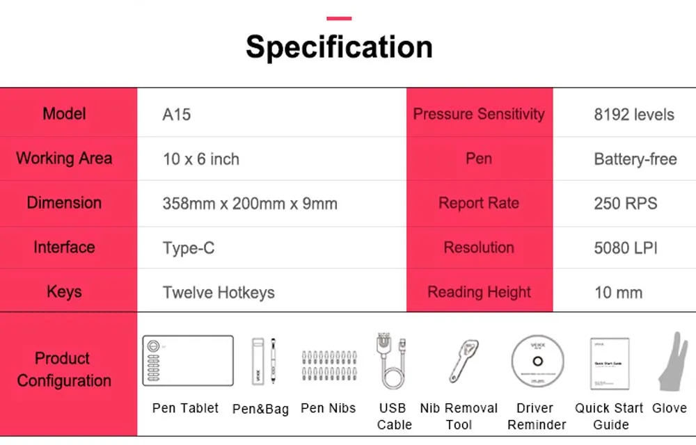 VEIKK A15 планшет для рисования большой площадью 10x6 дюймов с аккумулятором и 12 клавишами, 20 наконечников и 1 перчатка(красный, синий, золотой, серый