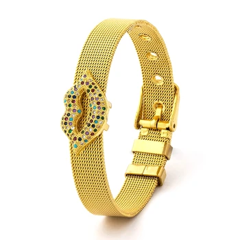 

High Quality Stainless Steel Bangle Gold Color Micro Pave Cubic Zircon CZ lip Spacer Bead Watch Belt Bracelet 6 Sizes Adjustable