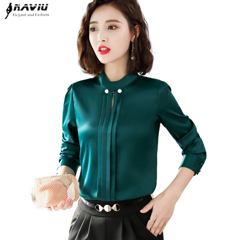 Профессиональная темно-зеленая женская рубашка в стиле ретро, новая модная атласная блузка с длинным рукавом и стоячим воротником, женские офисные топы белого цвета