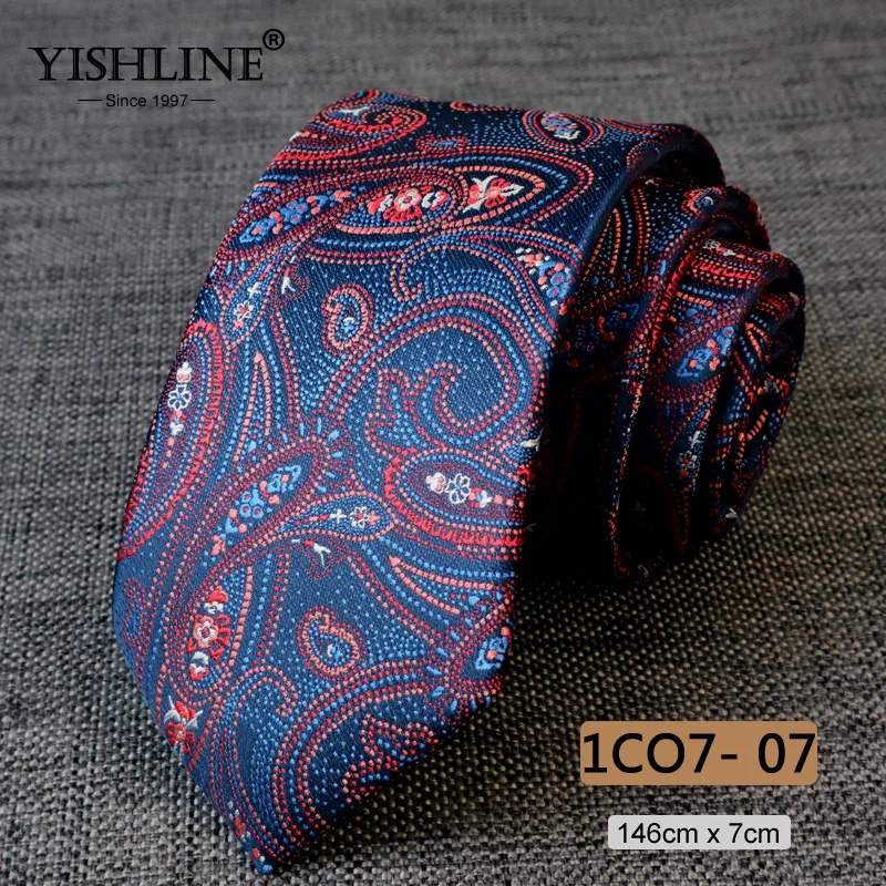YISHLINE модный мужской галстук 7 см с узором пейсли, Классический Цветочный галстук, 1200 иглы, галстуки для шеи, галстук для жениха, Свадебный галстук, обтягивающий синий и красный цвета - Цвет: 1CO7-7