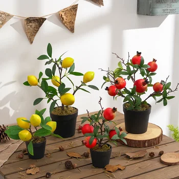 

Artificial Fruit Trees Simulation Lemon Pomegranate Bonsai Home Decoration Potted Plant Living Room Ornament Fake Lemon Tree