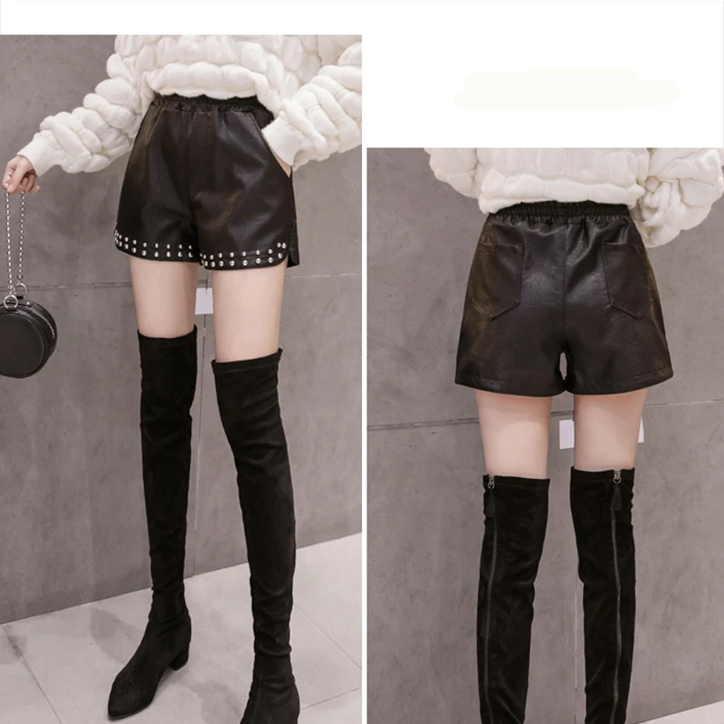 Shorts 2021 Autumn PU Leather Women Loose Shorts Winter Streetwear Rivet Black High Waist Wide Leg Casual Elastic Clothes Female