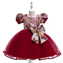 Princess Dress Formal Party Kids Dresses for Wedding Evening Flower Girls Tutu Tulle Red Short Sleeves Ball Gown Size 4-10Y