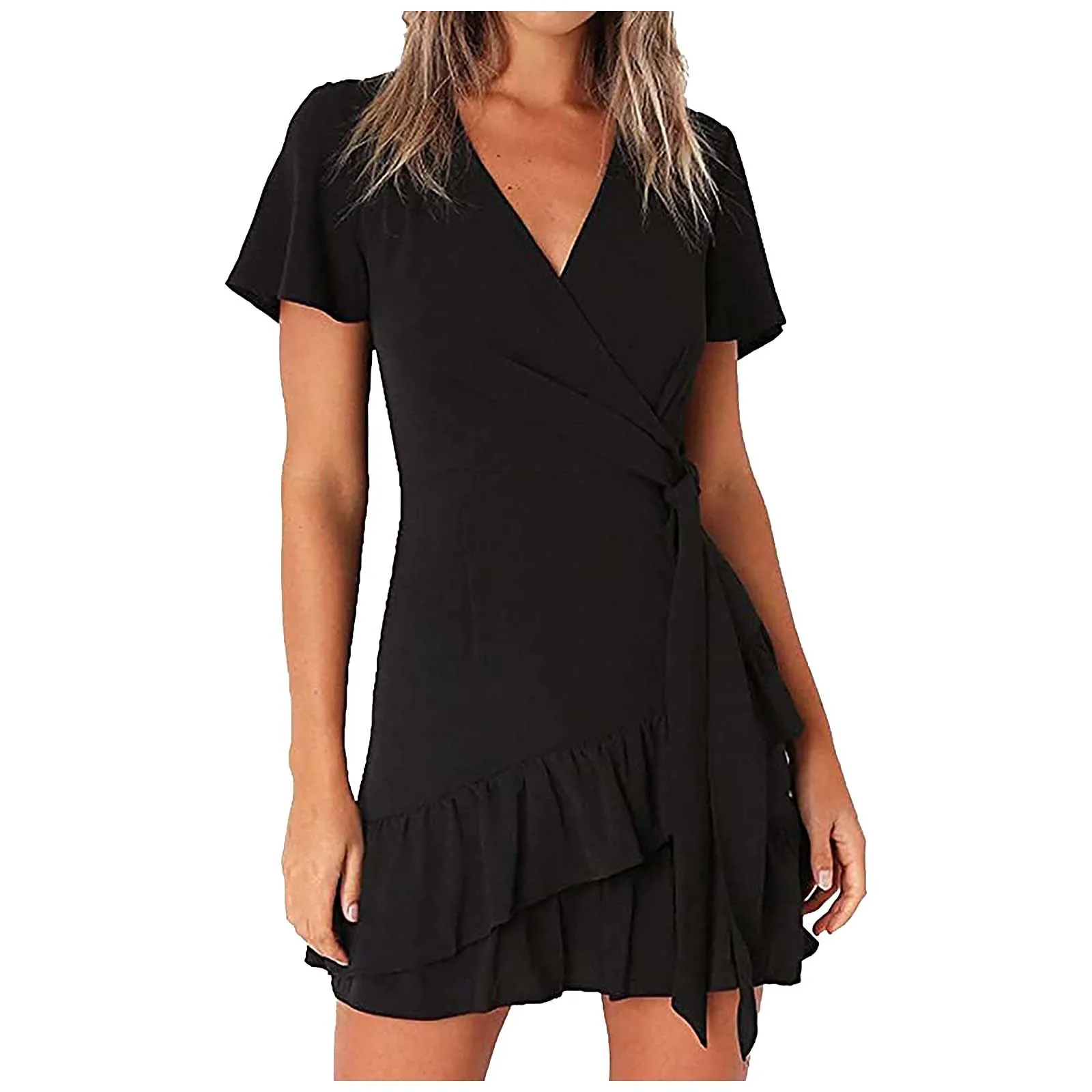 Summer Women Boho Beach Holiday V-neck Short Sleeve Dress Ladies Floral Print Dress Ruffle Mini Dress Wrap Vestido Женский 2