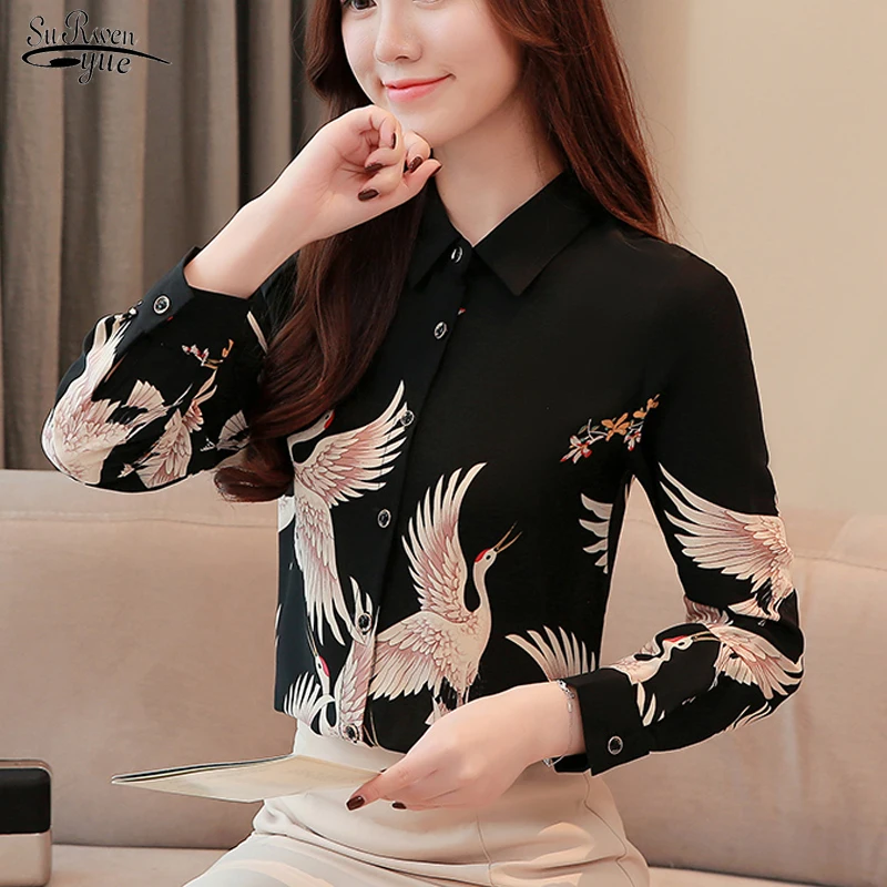 New Autumn and Winter Clothes Women Long Sleeve Plus Size Printed Blouse Women OL Vintage Cardigan Shirt Female 7662 50