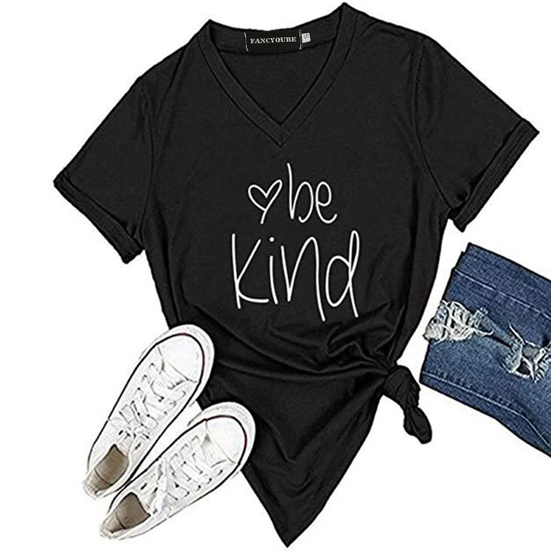 Womens T Shirt Casual  Short Sleeve V-Neck Graphic T-Shirt Tops Tees LOVE HEART BE KIND