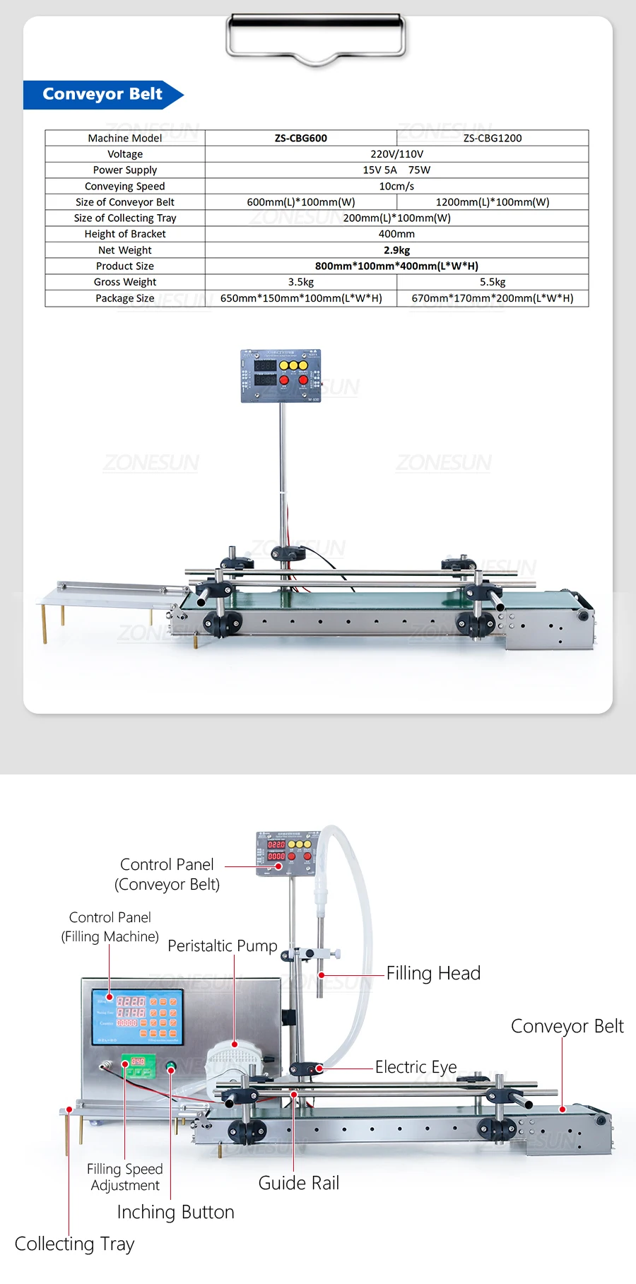 ZONEPACK Automatic Liquid Filling Machine Perfume Essential Oil Ink Soya Milk Peristaltic Pump with 600mm Conveyor