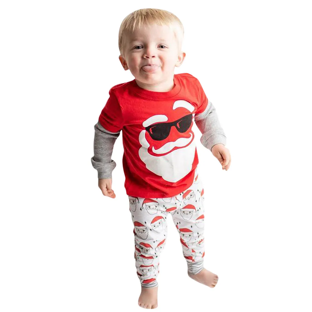 Детская Рождественская одежда; одежда для маленьких мальчиков и девочек; повседневные Мягкие штаны с принтом Санта-Клауса; комплект одежды; Пижамный костюм