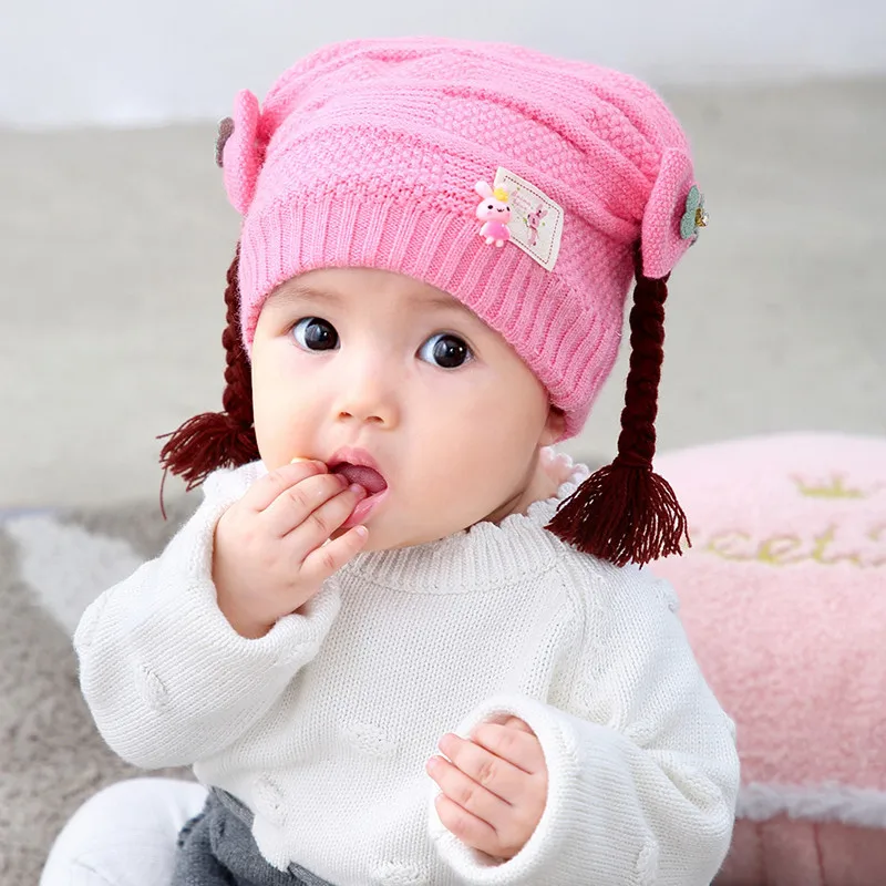 CYSINCOS детская шапка s Хлопковая шапочка для младенца осень зима парик шляпы детские для девочки дети шляпа шерсть вязаная детская шапка с наушниками - Цвет: dark pink