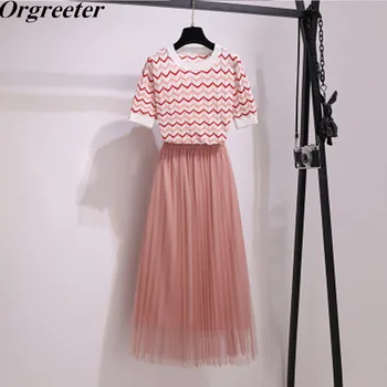 

Sweet Pink Mesh Skirt Suits 2020 Summer New Striped Knitted Pullover Tops and Mid-length Pleated Skirts 2 Piece set Women