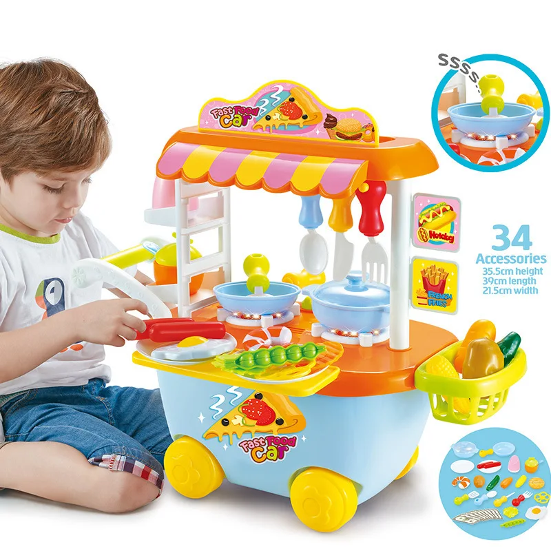 Children Model Sound And Light Kitchen Tableware Set Cooking Tool Play House Cart Storage Toy