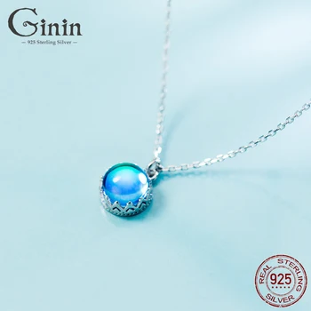 

GININ Pure 925 Sterling Silver Fashion Aurora Necklace for Women Korean Style Blue Gradient Round Pendant Choker Wedding Jewelry