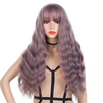 

Femme Long Curly Wigs with Bangs Lavender Color Girl's Synthetic Hair Pieces High Temperature Fiber Toupee Hair for Women