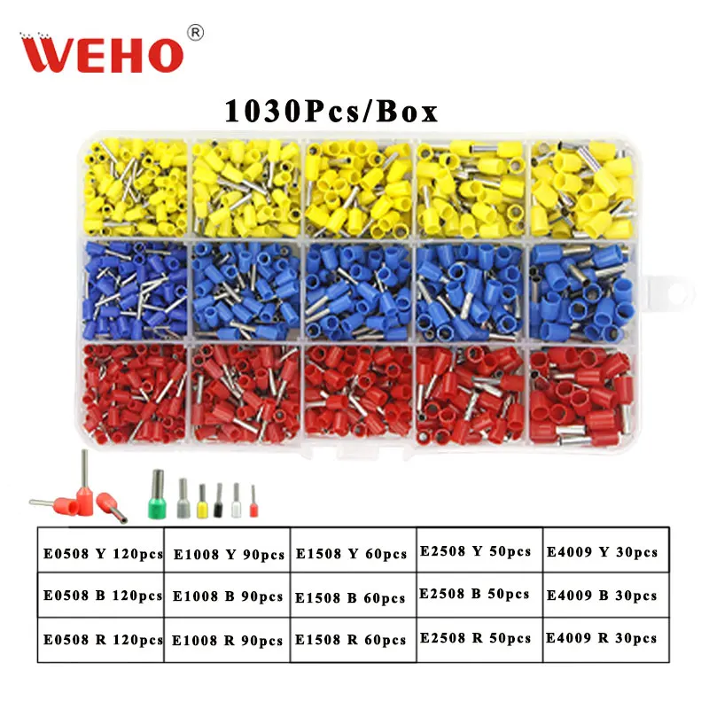 

1030pcs/lot tube insulating terminals E0508 E1008 E1508 E2508 E4009 for 0.5/1.0/1.5/2.5/4mm2 wire crimp terminal connector