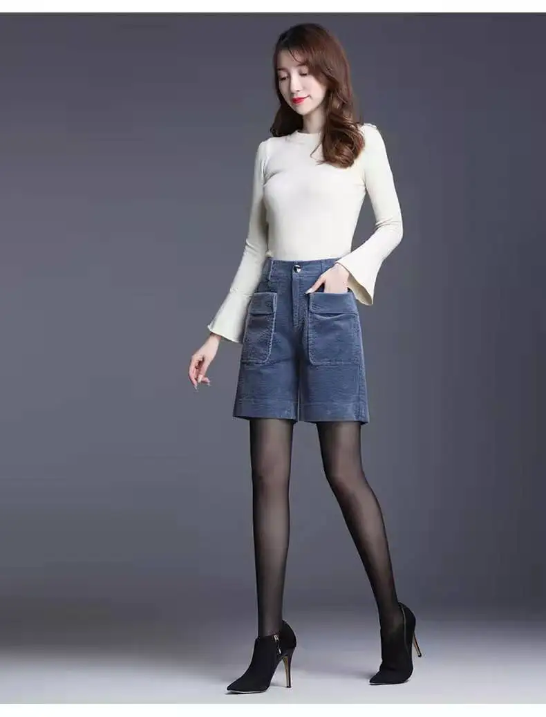 Женские вельветовые шорты размера плюс, шорты с широкими штанинами, осенняя зимняя верхняя одежда, элегантные шорты с высокой талией, женские вельветовые шорты, M-4XL