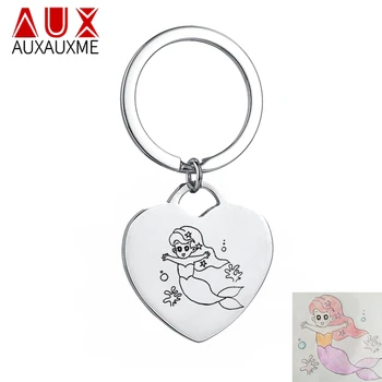 

Auxauxme Customized Heart Keychain Stainless Steel Engrave Children's Drawing Custom Jewelry for kids mom dad Birthday Gifts