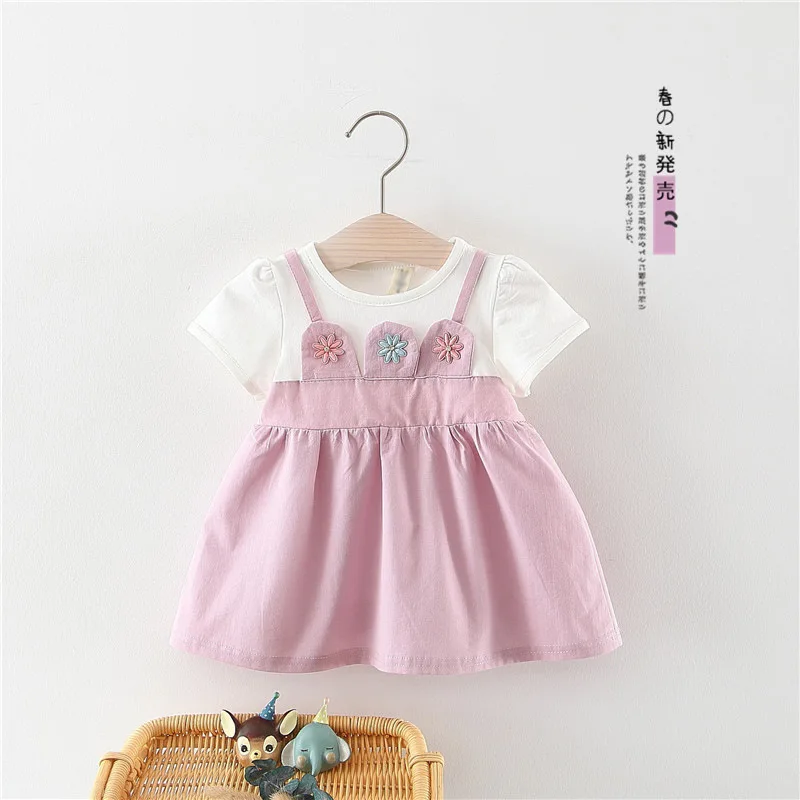 

Childrenswear on Behalf of 2019 Korean-style New Style Solid Color 3 Flower Camisole Mock Two-Piece Dress Summer Children Shirt