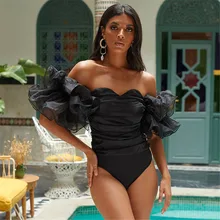 Three Ratels Solid Black Short Sleeve Bodysuit Sexy Feminine Ruched Romper Party Club Playsuit Womens Temperament Tunic Top