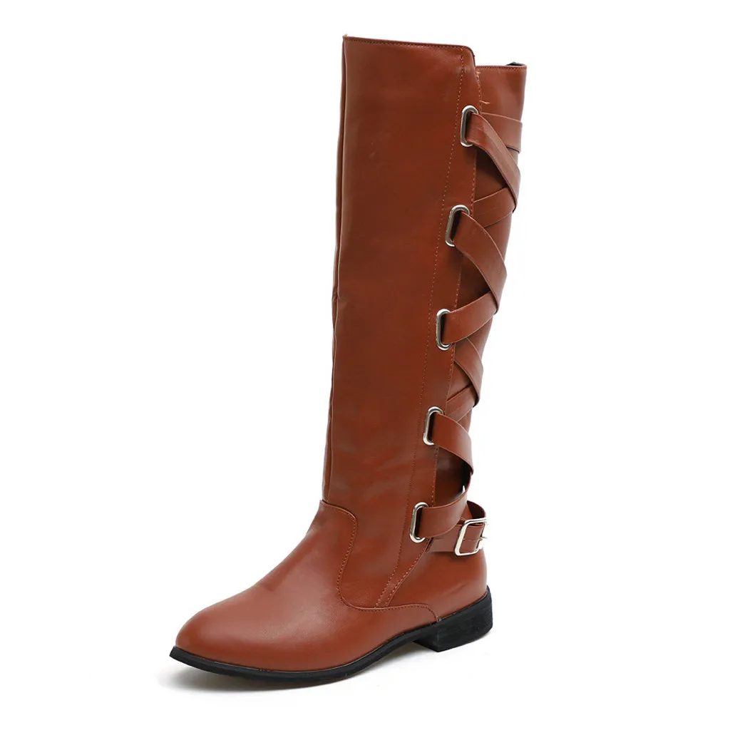 JAYCOSIN; фирменный дизайн; качественные кожаные ботинки с высоким голенищем; пикантные Женские ботинки в байкерском стиле с ремешком и металлическим замком; сапоги до колена на плоской подошве