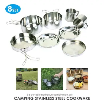

Outdoor Pot Strong 8pcs Silver Camp Survival Suit Tableware Hike Tool Bowl Pan Stainless Steel Cooking Picnic Pot