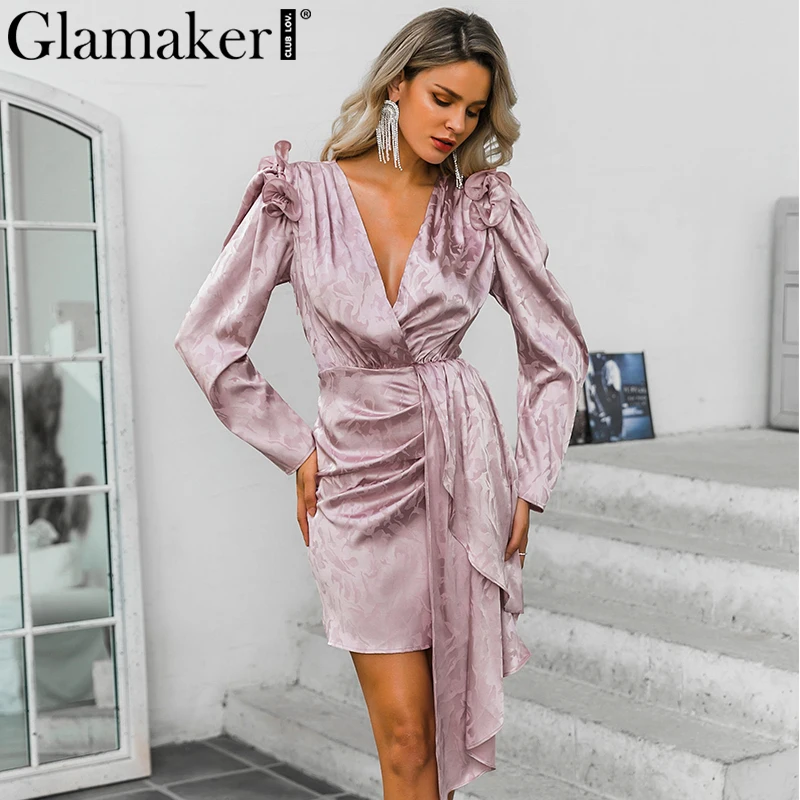 Glamaker жаккардовое атласное мини-платье с v-образным вырезом в стиле пэчворк с оборками элегантное облегающее платье с пышными рукавами Вечерние платья в стиле ретро на осень и зиму