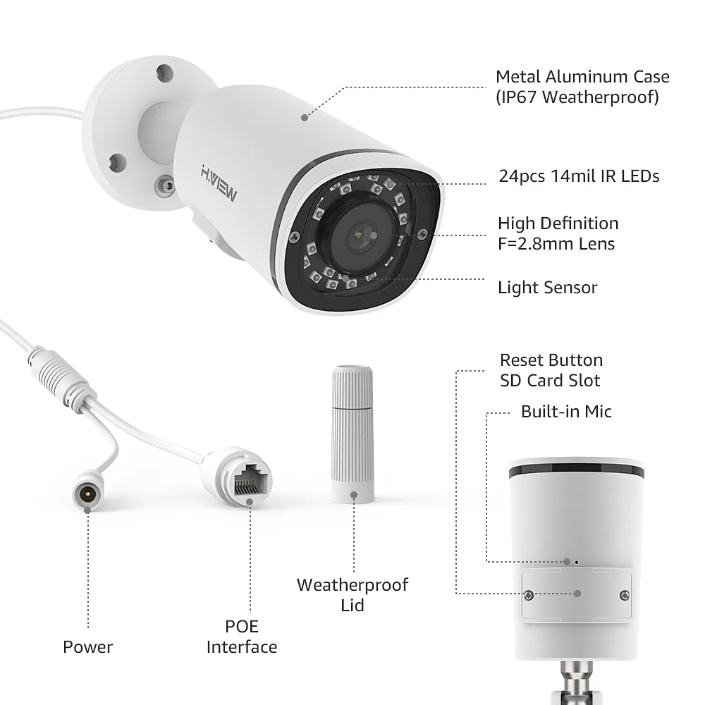 H.View 4K Poe ip Camera H.265 8MP SD Card Slot Camera Audio Outdoor Human Detection cctv Security Surveillance For Poe NVR Onvif