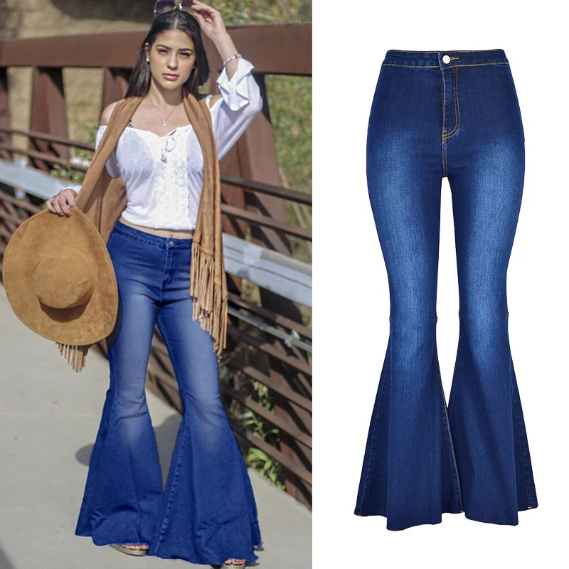 

Vintage Stretch Denim Jeans Women Boot Cut Flare Pants Wide Leg High Waist Luxury Bell Bottom High Elastic Streetwear Plus Size