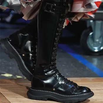 

2019 Women Long Knee High Boots Platform Black Lace Up Zipper Motorcycle Ladies Shoes Luxury Brand Fashion Botas Mujer