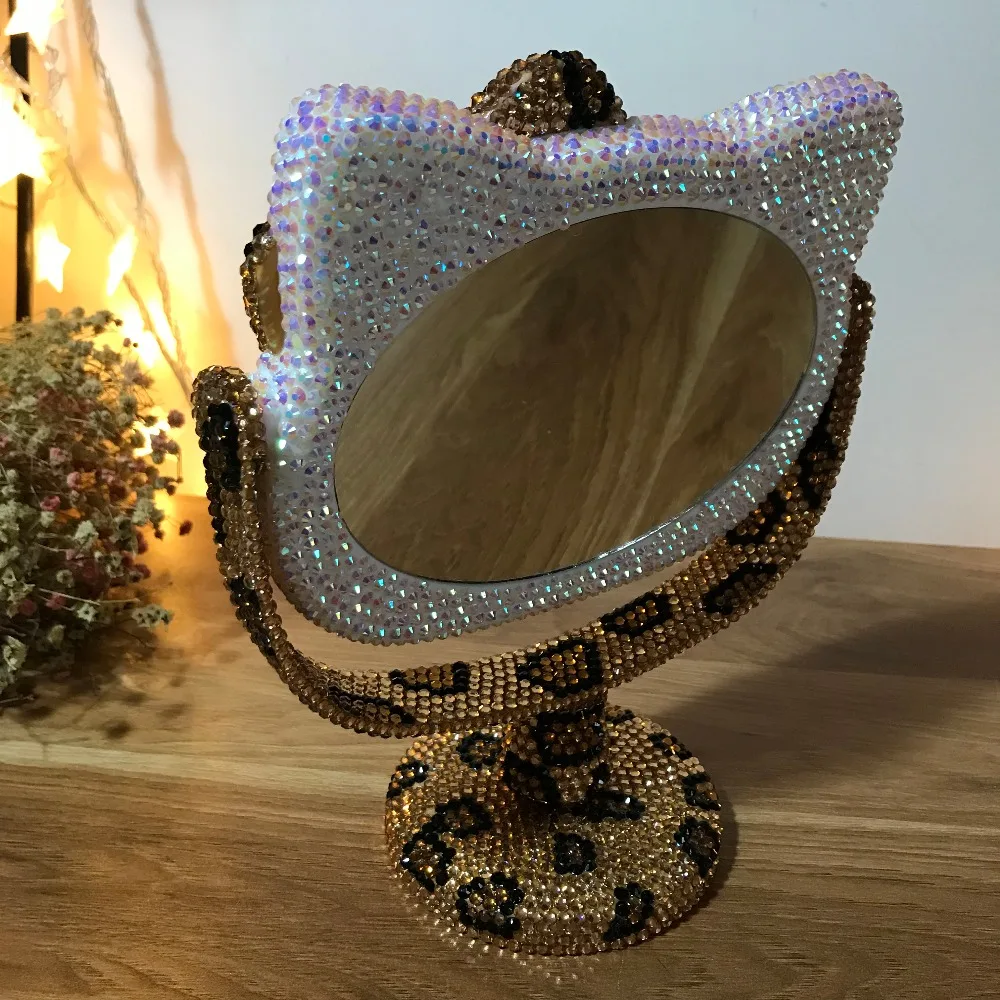 Леопардовое зеркало Стразы ручной работы для макияжа Helloo Kitty портативные
