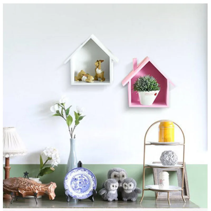 Nordic Wall Shelf Vintage Wood Wall Storage Shelf Rack House shape Storage Rack Room DIY Wall Decor Holder