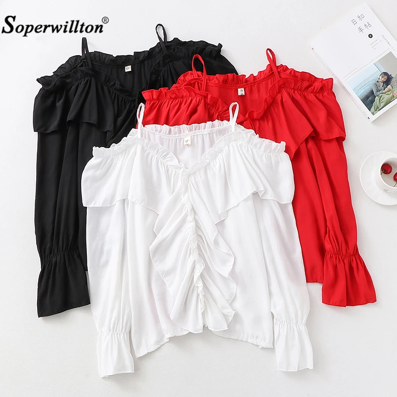 

Soperwillton 2019 New Fashion Women One Word Collar Ruffles Solid Color Long Sleeve Shirt Casual Daily Long Sleeve Blouse Tops