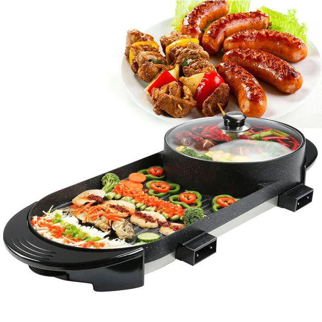 2in1 Hot Pot and Electric Grill Indoor Baking Flat Pan Double-flavor Hotpot  Smokeless Grill Barbecue Flat Griddle Egg Non-stick - AliExpress