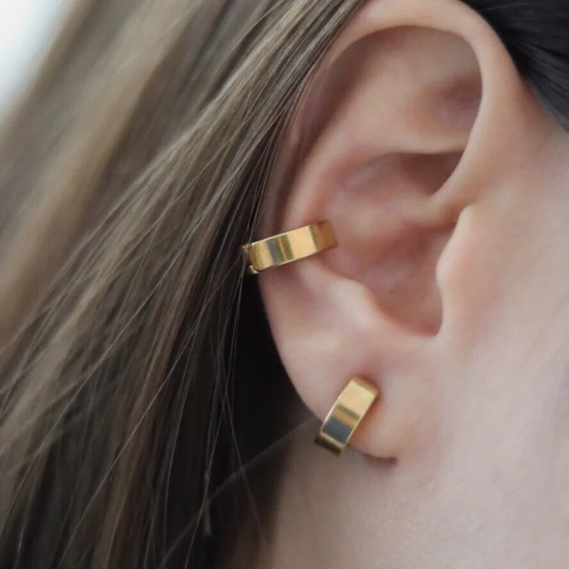 

SRCOI Gold Color Korean Titanium Steel Clip Earrings Punk Fashion No Hole Prevent Allergy Clip Earrings For Women Girl Party