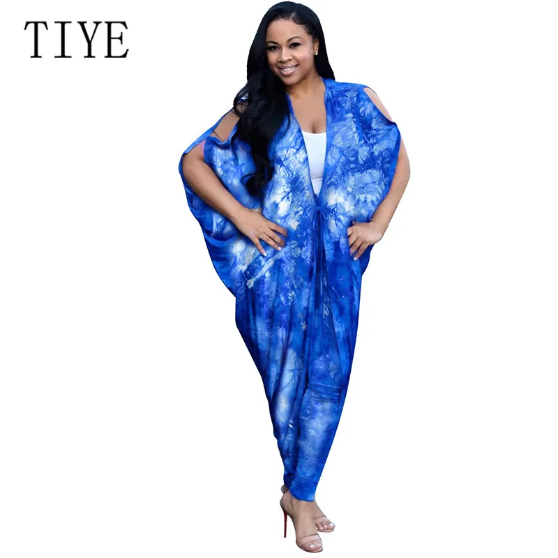 

TIYE Fashion Bat Sleeve Print Two Pieces Sets Loose Long Top and Skinny Pants Summer Casual Vinatge Playsuits Female Jumpsuits