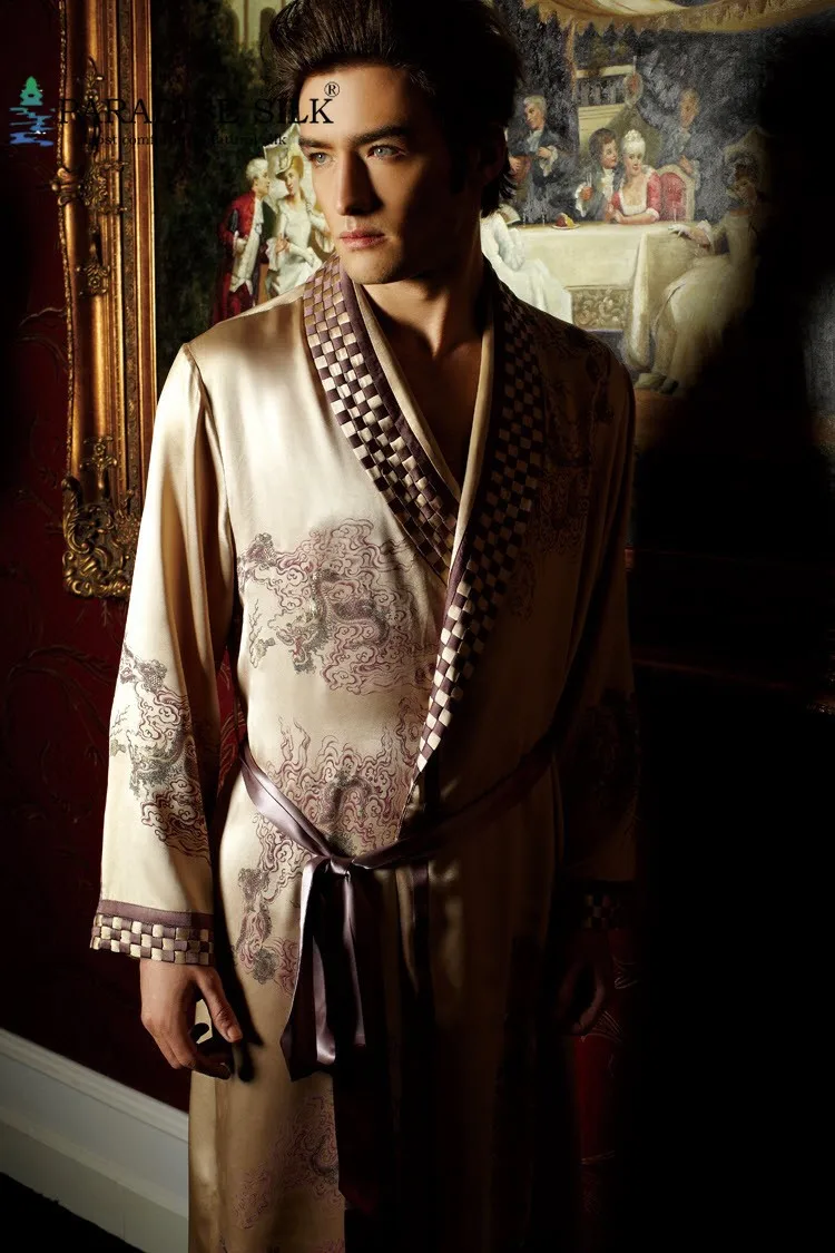 Мужской шелковый халат чистый 19 мм шелковая мужская Роскошная Пижама с вышивкой кимоно халат ночная рубашка размер L XL XXL