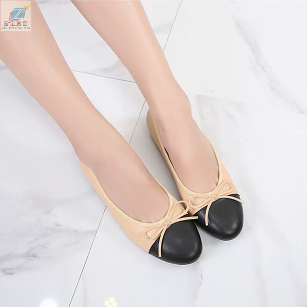 

Low Heeled Single Shoes Woman Two Color Stitching Round Head Leather Bow Ballet Large Size Classic High Quality Women Shoes Pump