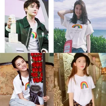 

2020 Spring Summer Round O Neck Rainbow Pattern Short Sleeve T-shirt Women's Men's Unisex Couple White Pullover T-shirt
