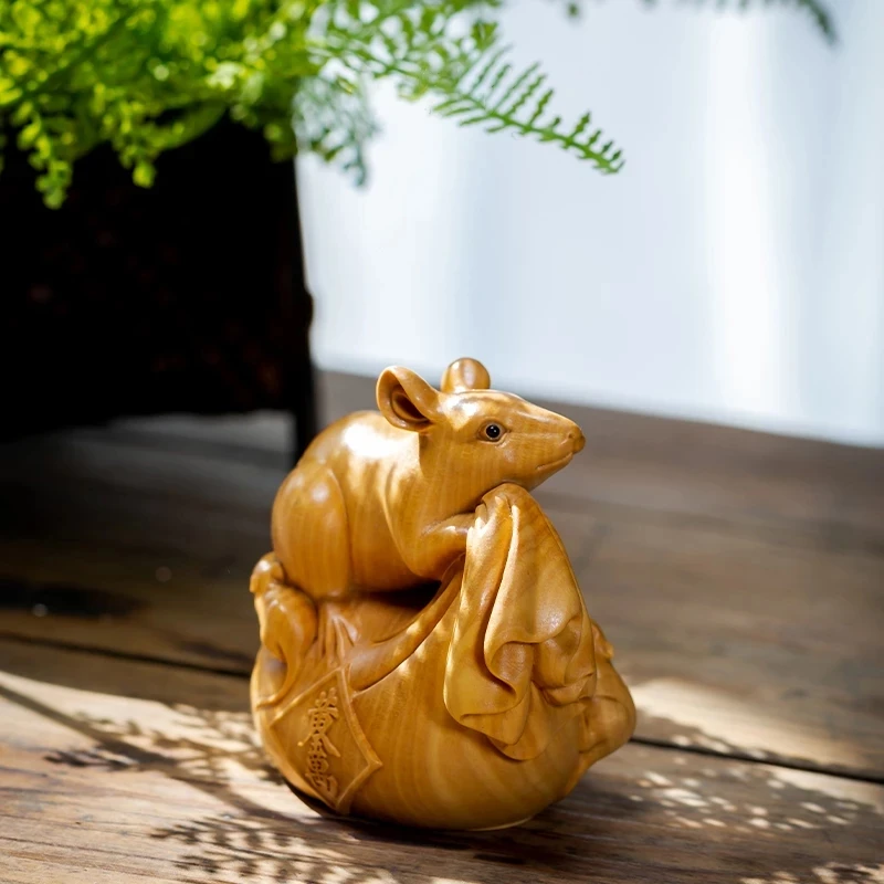

Boxwood Carving Animal Rat Fortune Lucky Home Decoration Feng Shui Solid Wood Statue Home Decor