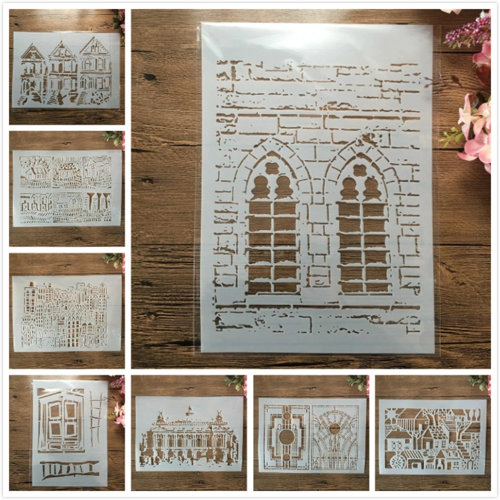 

8Pcs/Lot A4 29cm Building Window DIY Layering Stencils Wall Painting Scrapbook Coloring Embossing Album Decorative Template