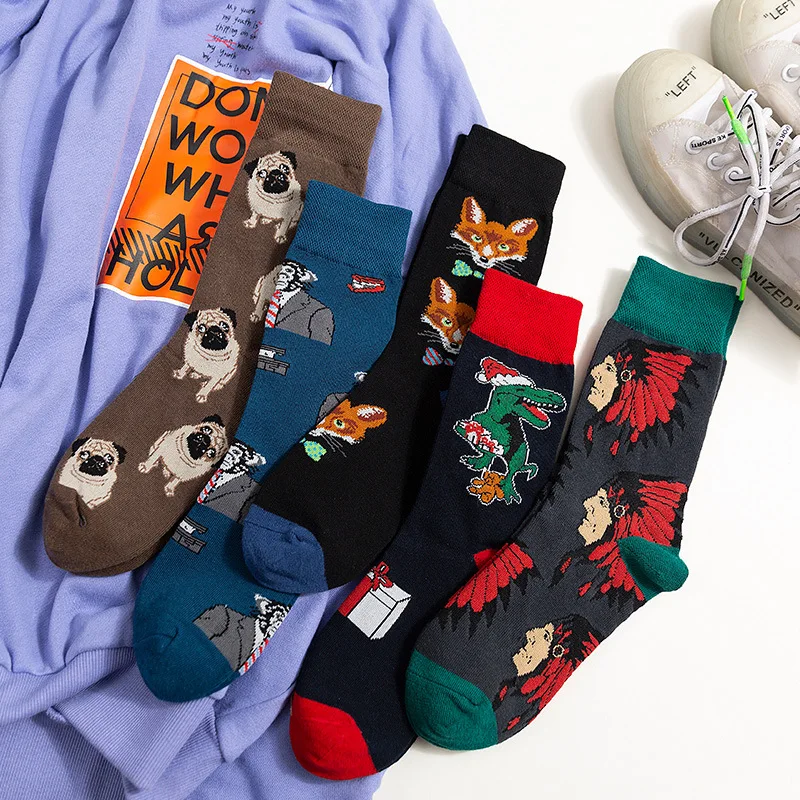 Женские милые модные жаккардовые полосатые Разноцветные Повседневные носки из хлопка с рисунком тигра, лисы, собаки, обезьяны