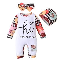 

OPPERIAYA 3Pc Baby Girl Boy Autumn Outfit Creative Floral Letter Print Long Sleeve Round Collar Jumpsuit Cap Headwear Casual Set