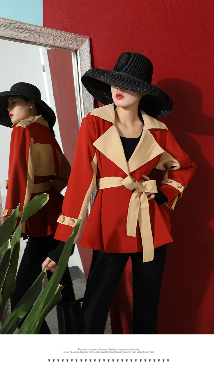 new autumn and winter fashion women clothes turn-down collar full sleeves PU red beige color patchwork high waist Y018