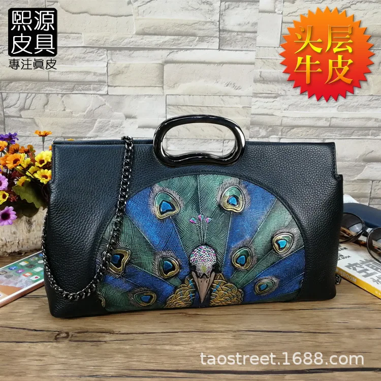 

New Style WOMEN'S Leather Bags Full-grain Leather Ethnic-Style Embossed Hand-Painted Chain Dinner Portable Shoulder Bag