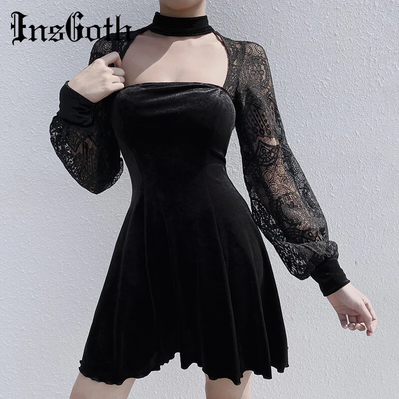 Comprar InsGoth Sexy ahueca hacia fuera el Mini vestido negro gótico Streetwear Patchwork vestidos de fiesta de las mujeres elegante vestido Vintage de manga larga