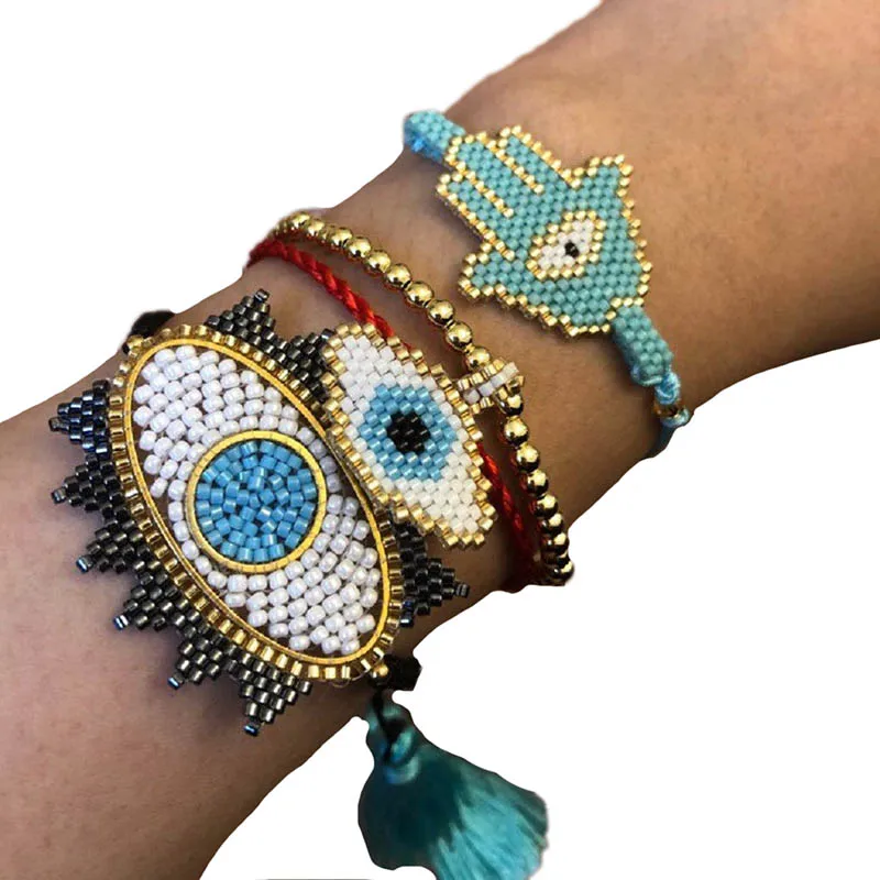 

BLUESTAR 2020 Turkish Evil Eye Bracelets set MIYUKI Bracelet For Women Eye shape Woven bangle set Tassel Jewelry