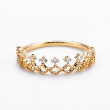 

EDI Hollow Princess Crown Ring AU585 14k Solid Yellow Gold 0.09ct Carat Real Natural Diamond Wedding Ring Half Eternal Tail Ring