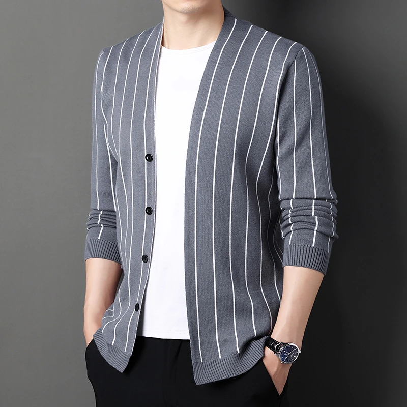 

Men's Sweater Cardigan 2021 Spring & Autumn Fashion Stripes Coat Male Long Sleeve Knitwear Front Open Knit Coat