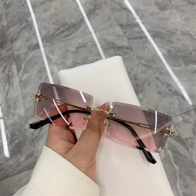 Vintage Fashion 2021 New Sunglasses Rimless Frameless Rectangle Shades Gradient UV400 Summer Traveling Sun Glasses for Women Glod Pink